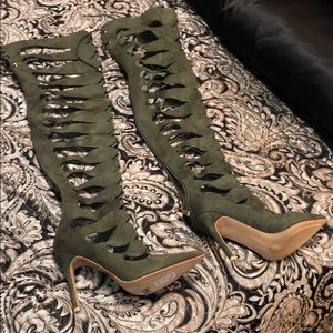 Olive color suede Thigh high heels